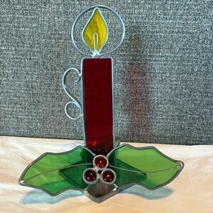 Christmas Candle Holiday Tabletop Stained Glass Art Piece Decor Red Green Silver
